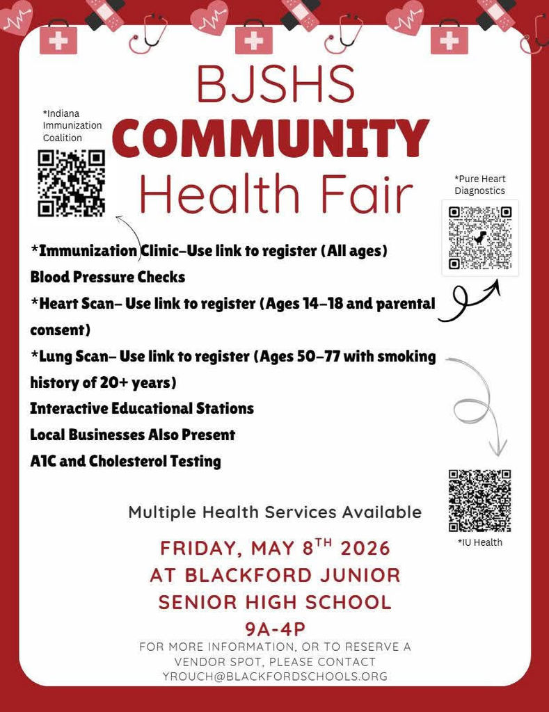 Flyer describing the activities taking place at the BJSHS Health Fair set for Friday, May 8