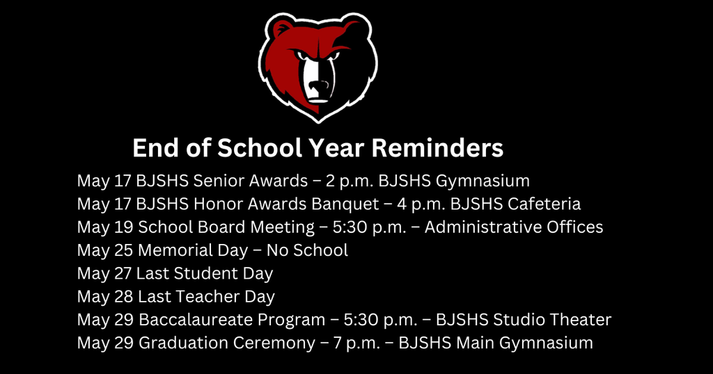 A Bruin Head and a list of upcoming events for the end of the school year