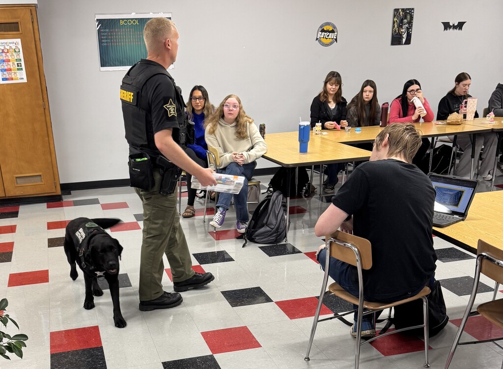 Canine officer Matt Sneed  and his canine partner Jeb were part of the lesson of Mr. Mike Jones' law enforcement classes at BJSHS