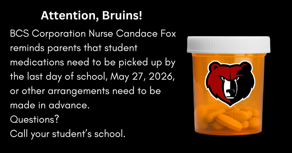 Picture of a medicine bottle and reminder to pick up student meds at school