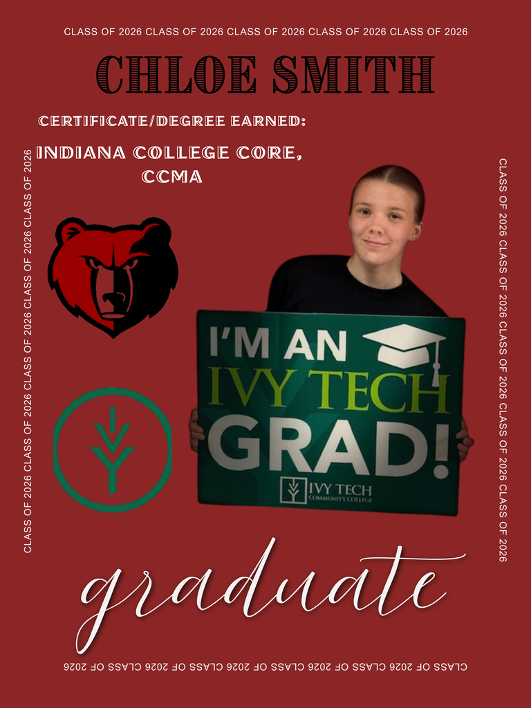 Photo of BJSHS senior Chloe Smith posing behind her Ivy Tech "I'm an Ivy Tech Grad!" sign