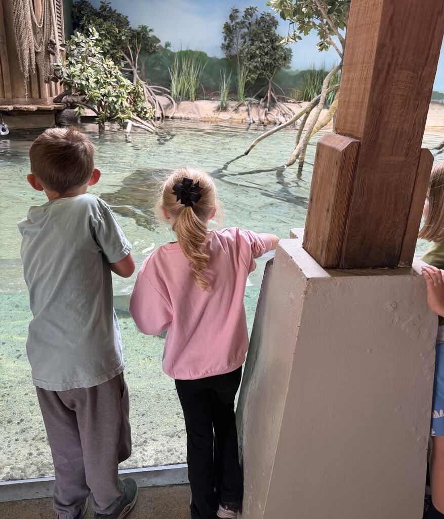 Two kindergarten students watch a manta ray swim at the Fort Wayne Zoo