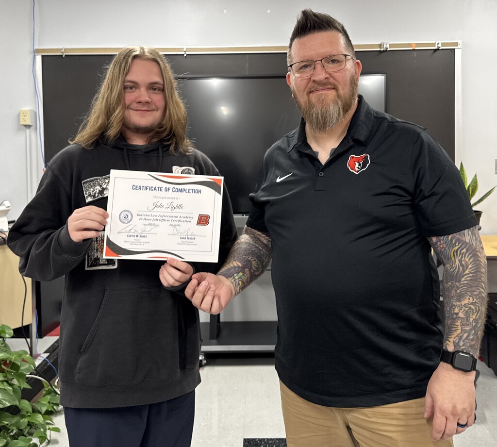 BJSHS student Jake Lightle received certification from his Criminal Justice Instructor Mike Jones and the Indiana Law Enfrcement Academy Certified Jail Officers Course