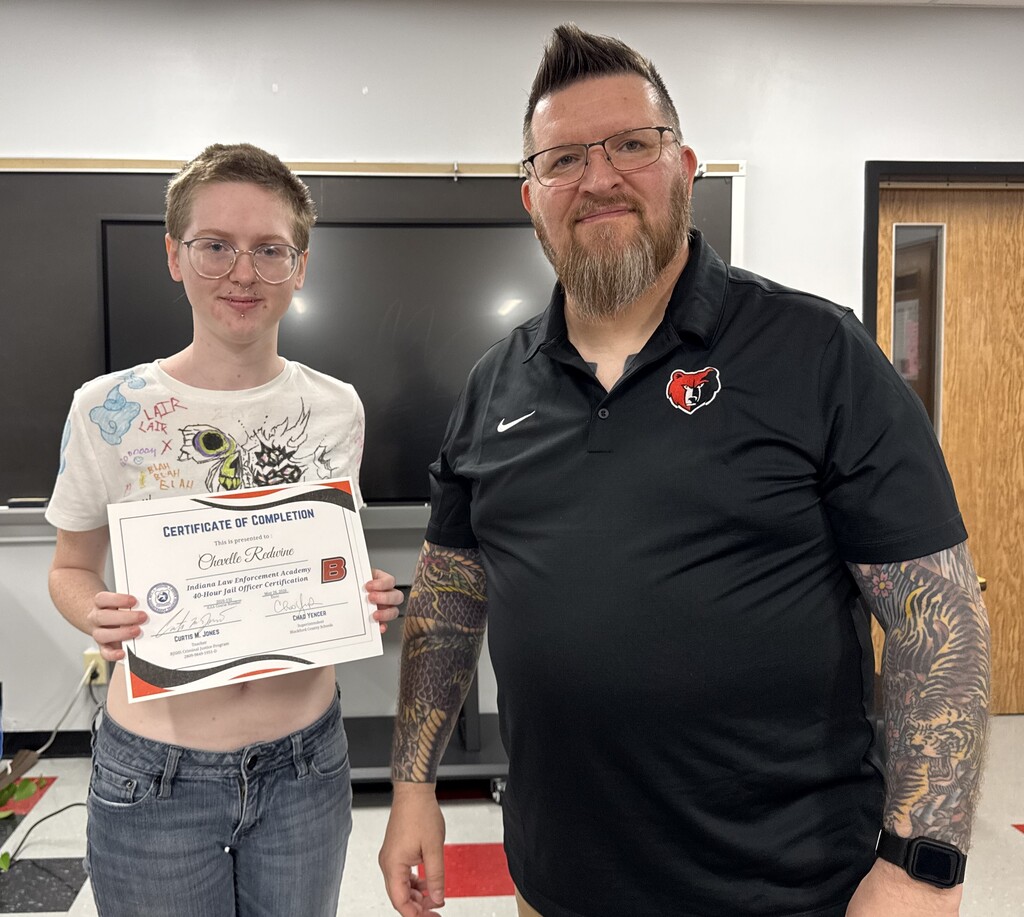 BJSHS senior Chevelle Redwine received certification from her Criminal Justice Instructor Mike Jones and the Indiana Law Enfrcement Academy Certified Jail Officers Course