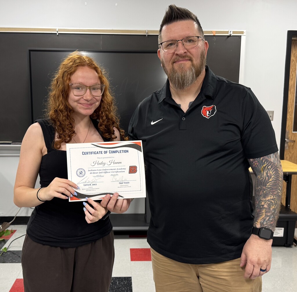 BJSHS student Hailey Hamm received certification from her Criminal Justice Instructor Mike Jones and the Indiana Law Enfrcement Academy Certified Jail Officers Course