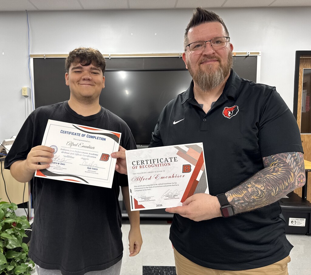 BJSHS student Alfred Emenhiser received an award for Corrections in his BJSHS Criminal Justice class from Instructor Mike Jones