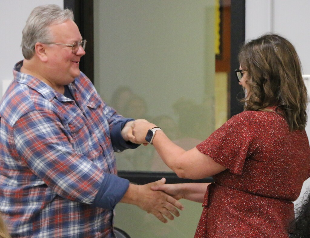 BJSHS Teacher Jeff Cline receives his 37 year service pin from BCS Assistant Superintendent Lesley Moulson