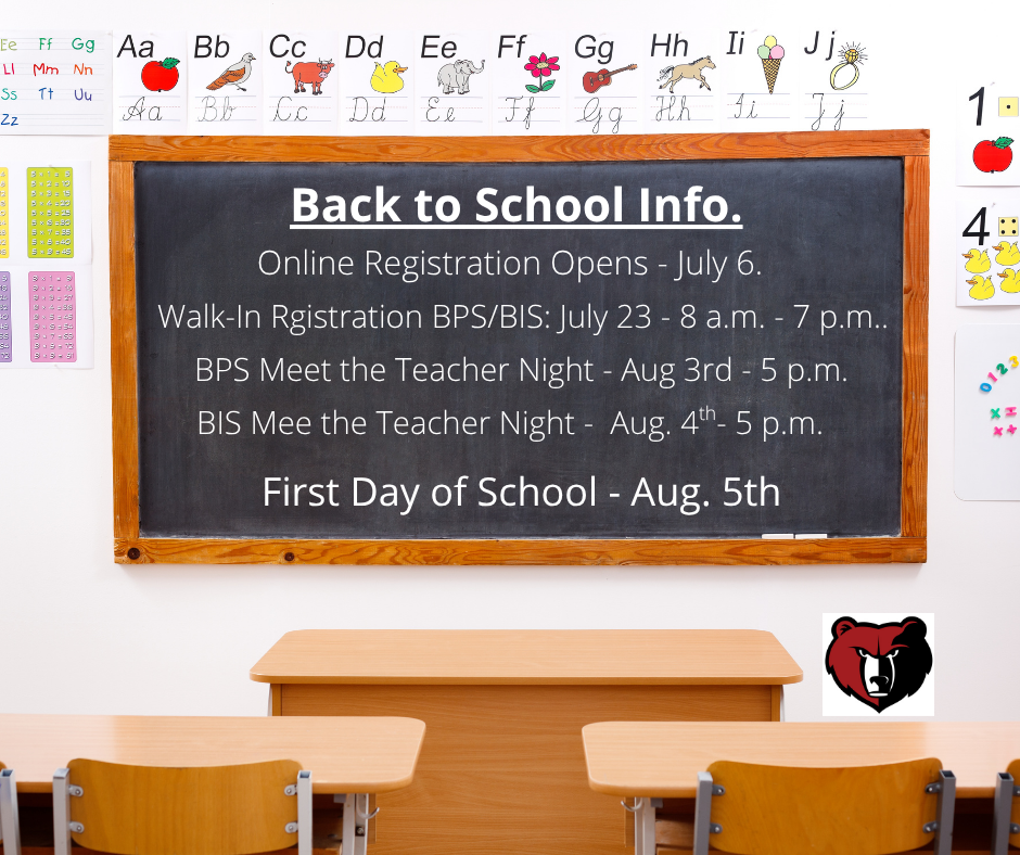 Registration and Meet the Teacher dates are included on a chalkboard.