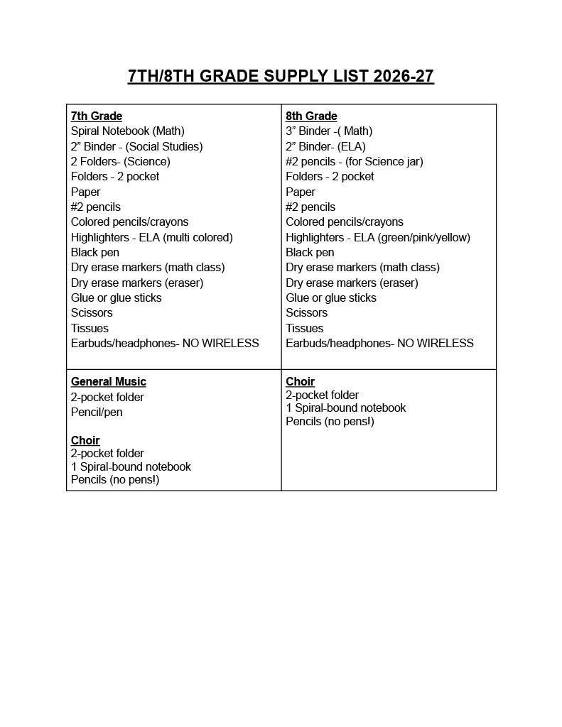 7th - 8th grade Supply List