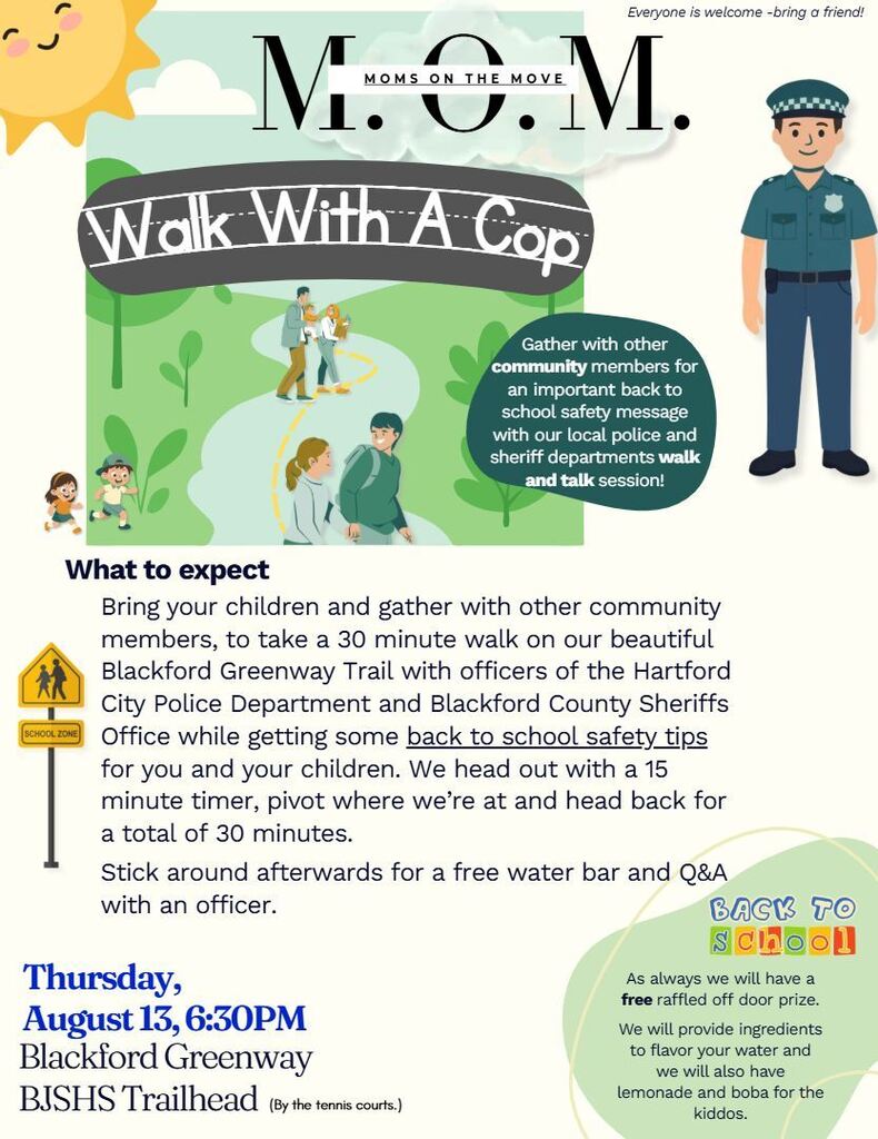 A flyer promoting Moms On the Move hosting a Walk with a Cop on the Blackford Greenway - August 13, 2026 at 6:30 p.m.