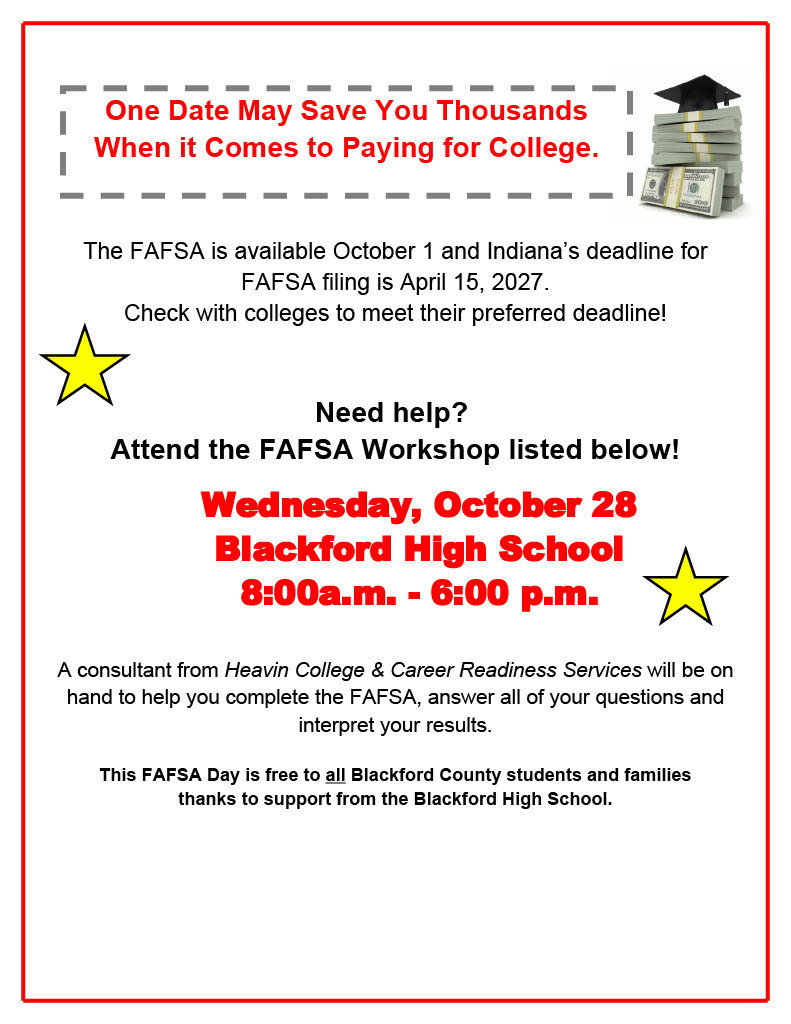 FAFSA Day is set for Wednesday, October 28 from 8 a.m. to 6 p.m. at BJSHS