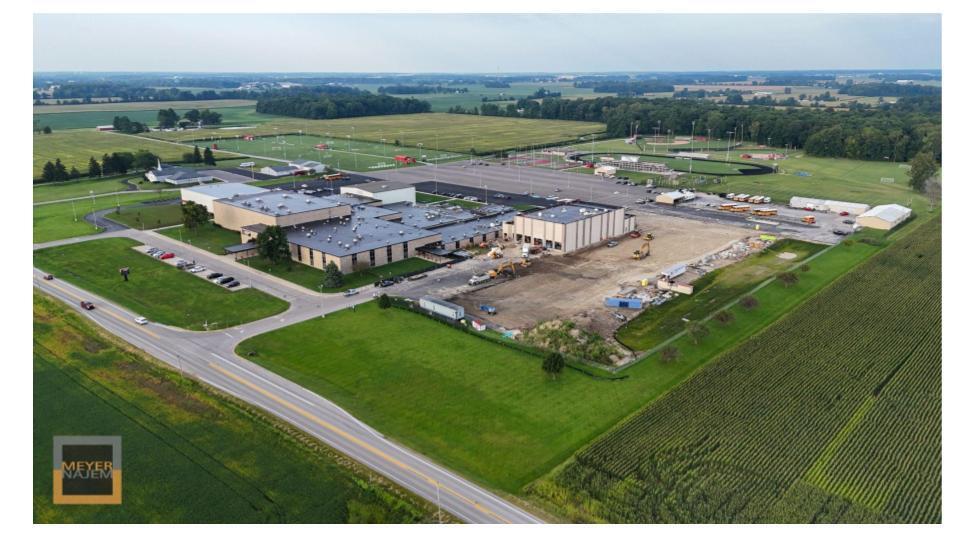 Drone shot of construction underway at the BJSHS Performing Arts Center