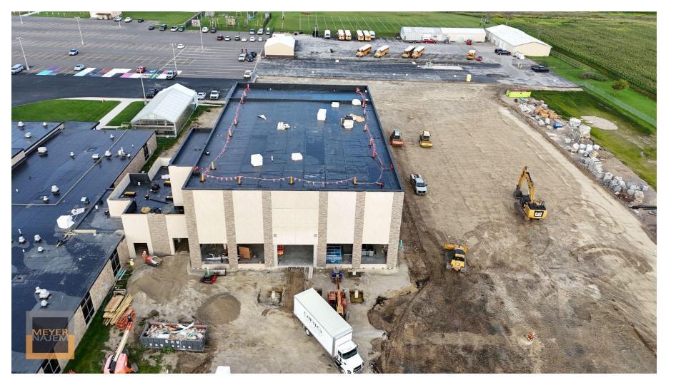 Drone shot of construction underway at the BJSHS Performing Arts Center