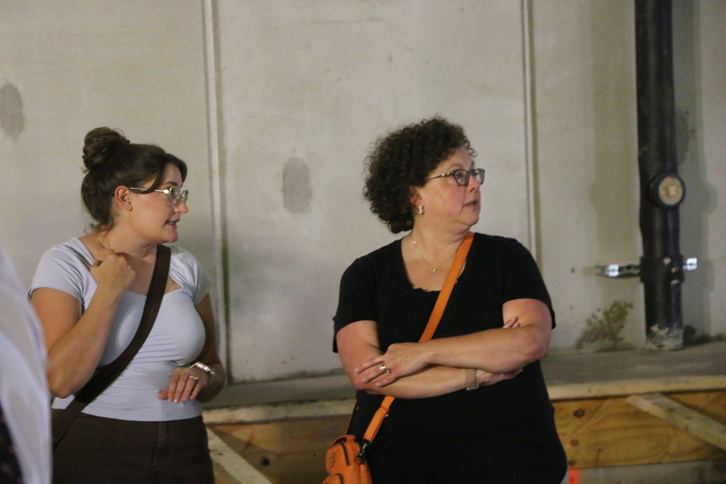 Band Director Kassidy Martin and Theater Director and Teacher Amanda Wolfe tour the construction underway at the BJSHS Performing Arts Center