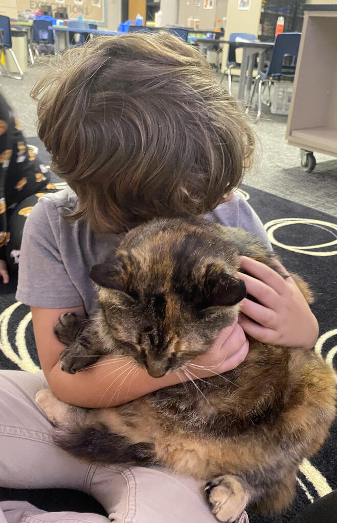 A student gives June the cat a hug