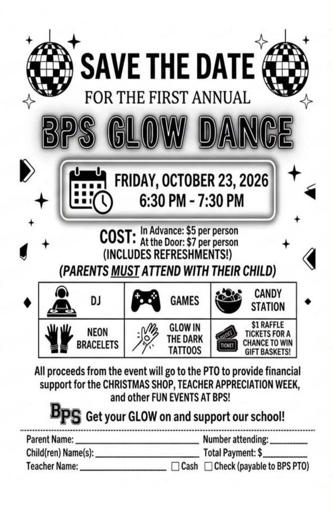 Glow Dance scheduled at BPS on Friday, October 23 from 6:30 to 7:30