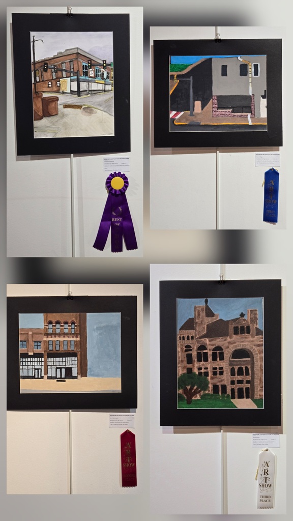 Student work currently on display as part of the Plein Air Paint Out on the Square exhibition