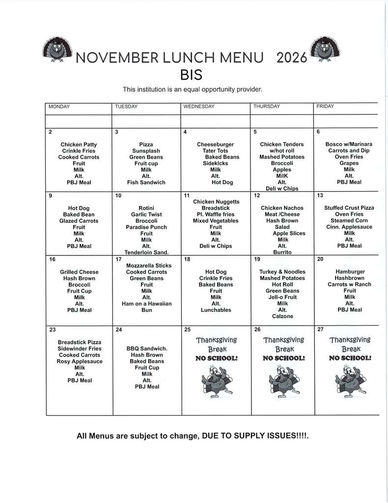 November lunch menu