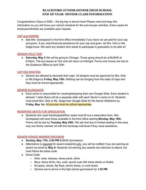 Class of 2026 Senior Schedule 