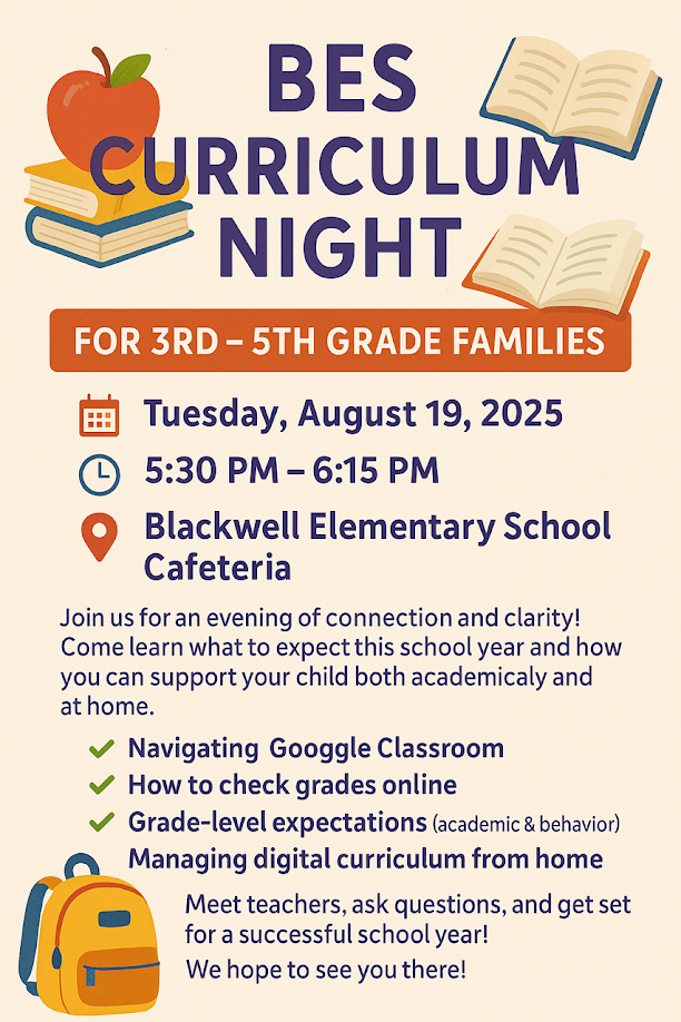 BES CURRICULUM NIGHT FOR 3RD-5TH TUES.8-19-25 5:30-6:15PM