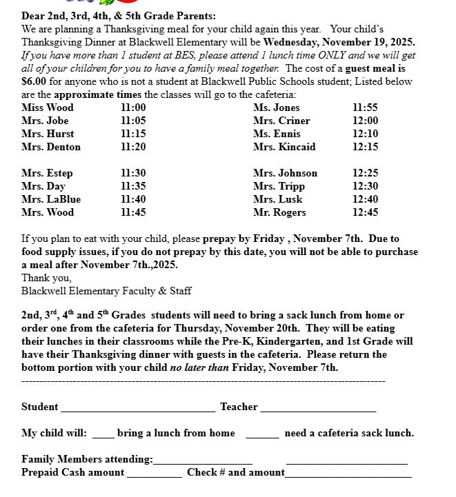 BES THANKSGIVING MEAL SCHEDULE 