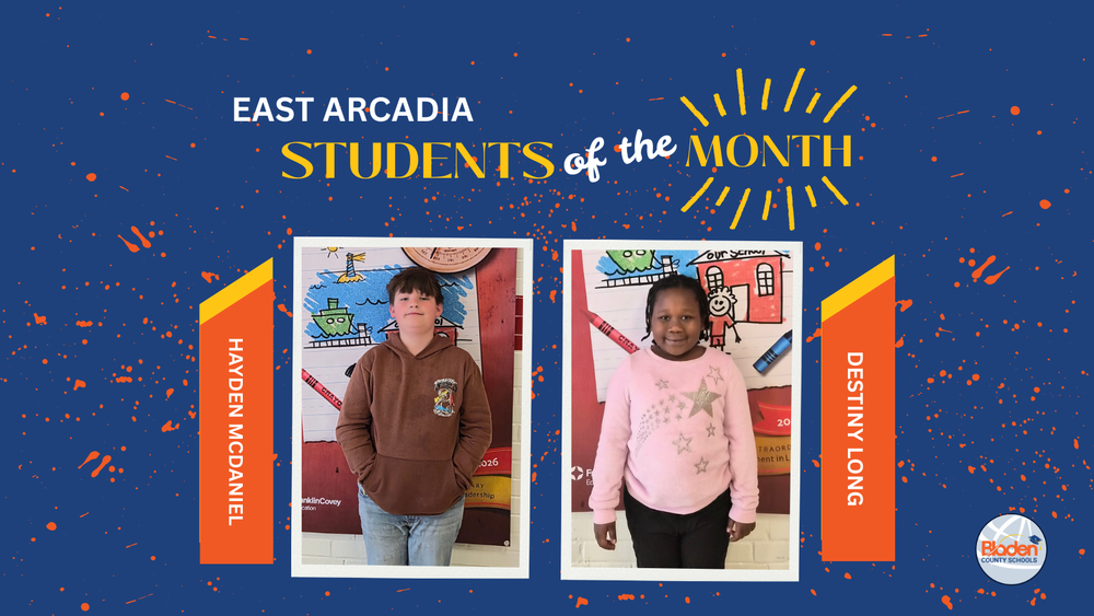 School graphic announcing “Students of the Month” with two student portraits centered on a blue background with orange accents and school branding. Each student’s name and school are displayed alongside their photo.