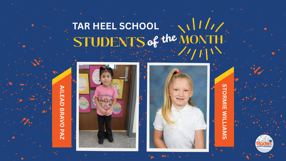 School graphic announcing “Students of the Month” with two student portraits centered on a blue background with orange accents and school branding. Each student’s name and school are displayed alongside their photo.