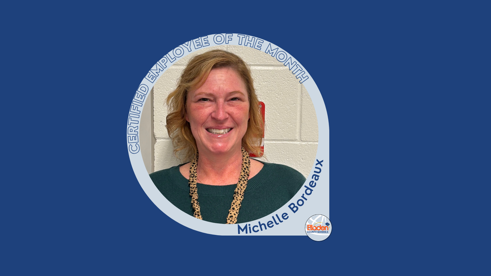 **Alt text:** Graphic recognizing Certified Employee of the Month, Michelle Bordeaux, featuring her smiling portrait in a circular frame with Bladen County Schools branding.