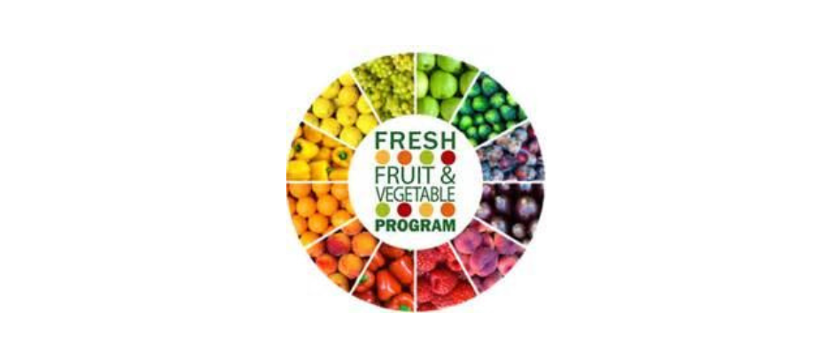 Logo for the Fresh Fruit & Vegetable Program, featuring a circular arrangement of colorful fruit and vegetable images surrounding the program name in the center.