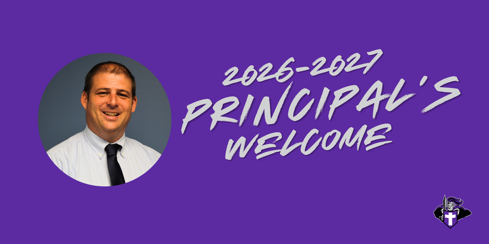 Purple background with a photo of West Bladen's principal on the right and the copy "2026-2027 Principal's Welcome" next to it. 