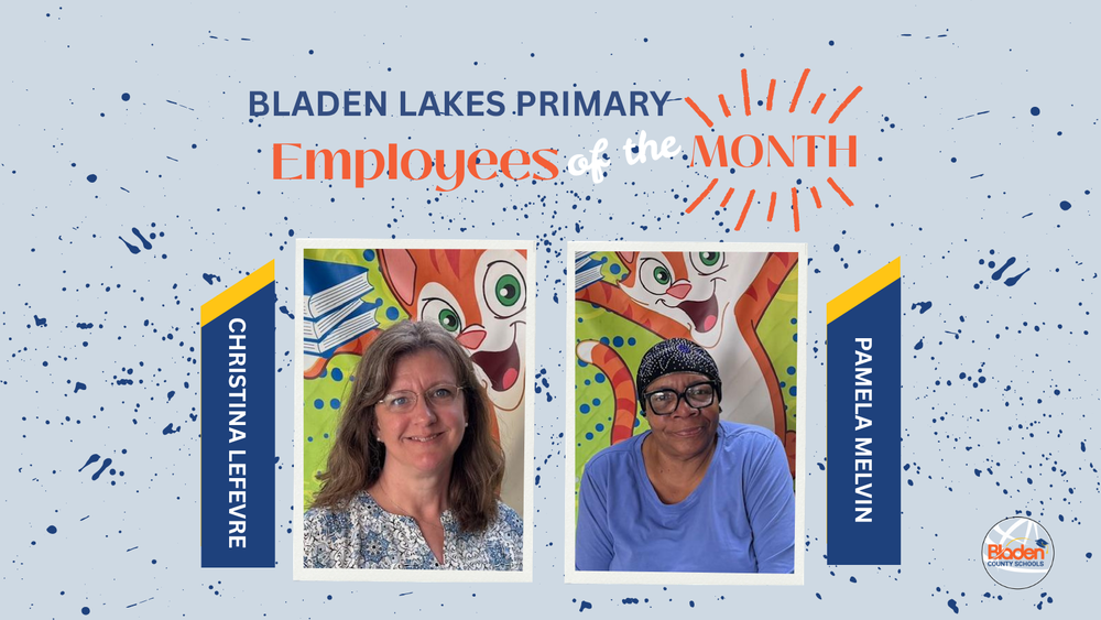 School graphic announcing “Employees of the Month” with two staff portraits centered on a gray background with navy accents and school branding. Each employees name and school are displayed alongside their photo.