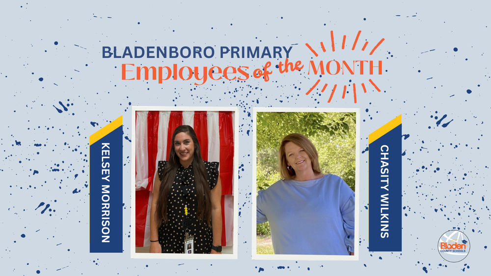 School graphic announcing “Employees of the Month” with two staff portraits centered on a gray background with navy accents and school branding. Each employees name and school are displayed alongside their photo.