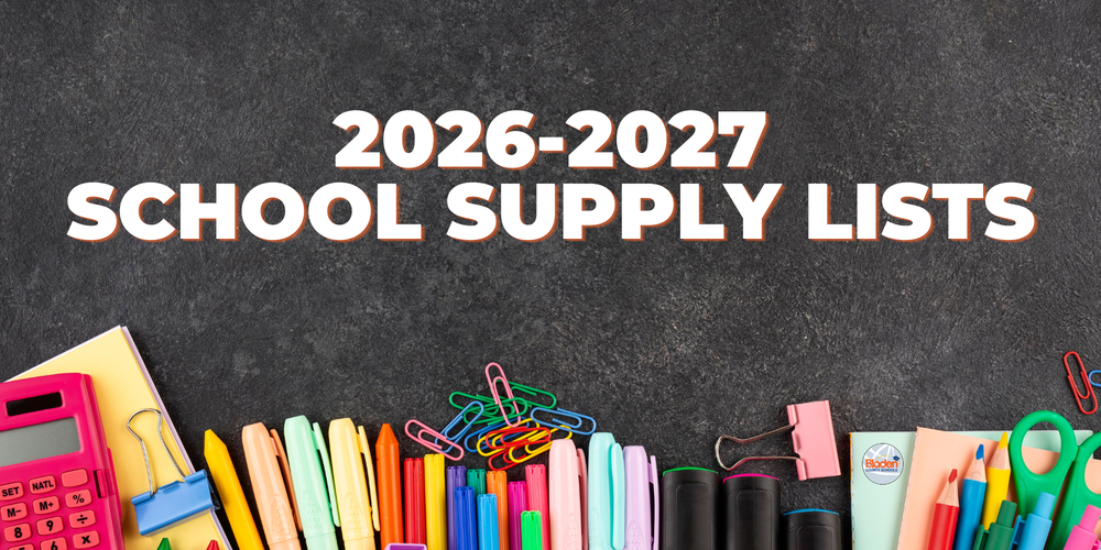 A chalkboard background with the text 2026-2027 School Supply Lists. Across the bottom are various school supplies.