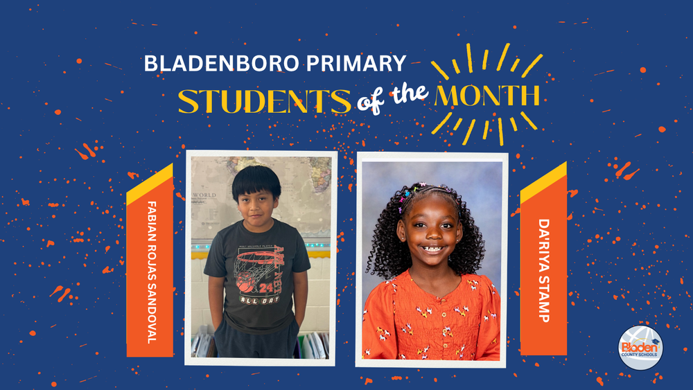 School graphic announcing “Students of the Month” with two student portraits centered on a blue background with orange accents and school branding. Each student’s name and school are displayed alongside their photo.