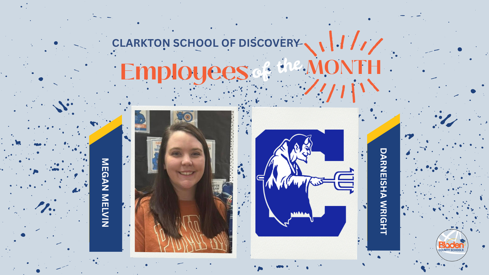 School graphic announcing “Employees of the Month” with two staff portraits centered on a gray background with navy accents and school branding. Each employees name and school are displayed alongside their photo.