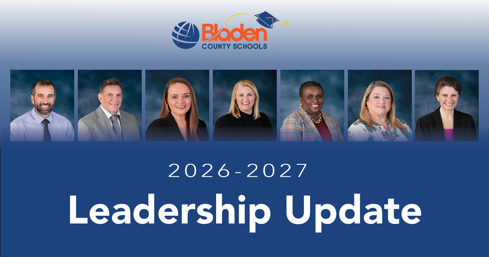 Gradient blue background with seven professional headshots of district employees centered in the middle with the words "2026-2027 Leadership Update" underneath.