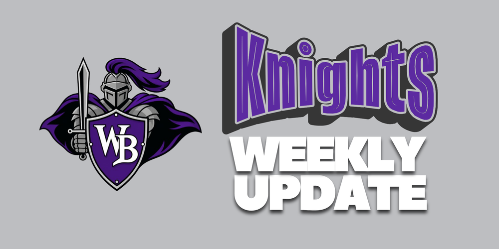 West Bladen High School knight logo with purple and white text reading "Knights Weekly Update" on a gray background.
