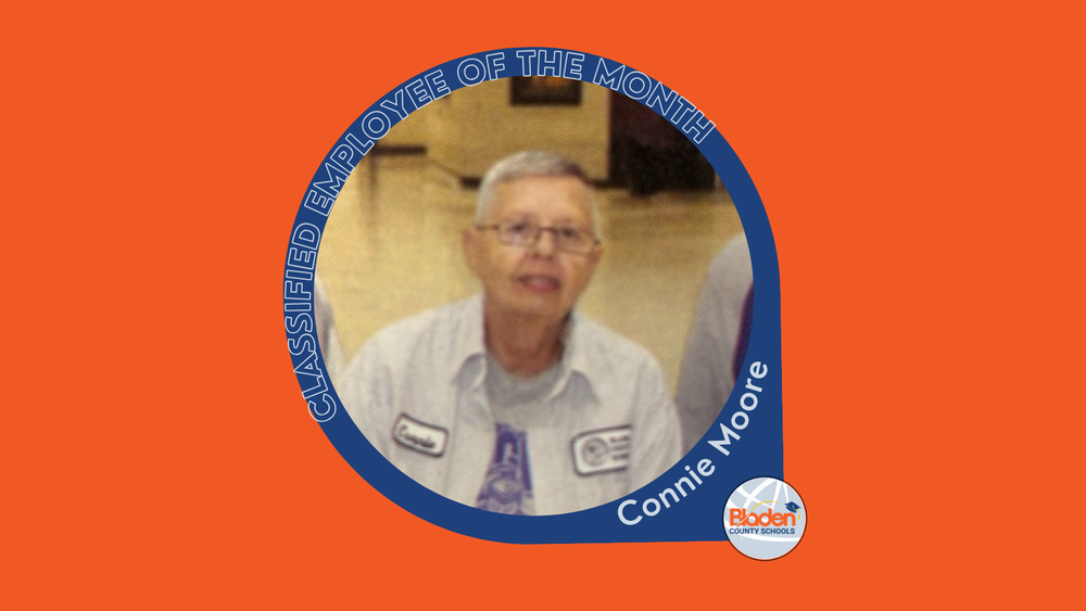 **Alt text:** Graphic recognizing Classified Employee of the Month, Connie Moore, featuring her portrait inside a circular frame with Bladen County Schools branding.