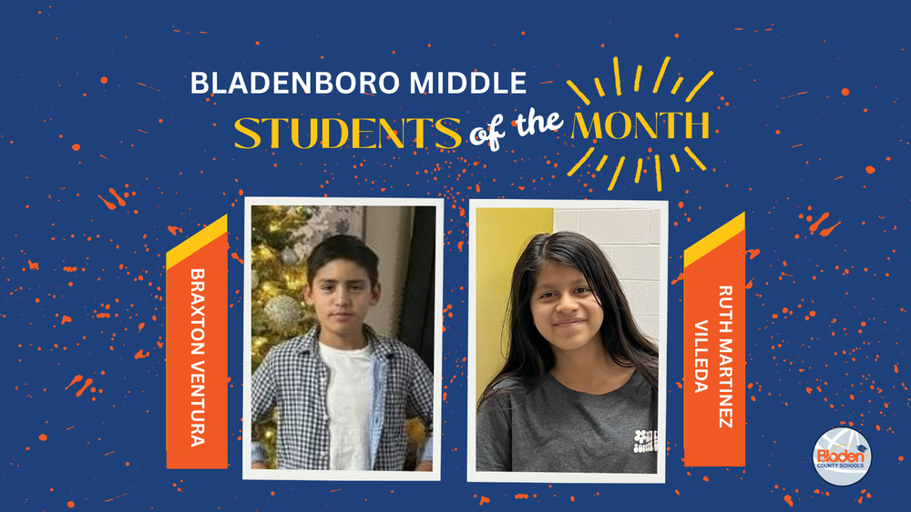 School graphic announcing “Students of the Month” with two student portraits centered on a blue background with orange accents and school branding. Each student’s name and school are displayed alongside their photo.