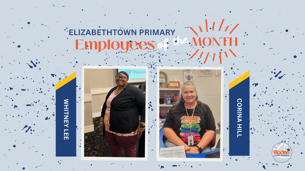 School graphic announcing “Employees of the Month” with two staff portraits centered on a gray background with navy accents and school branding. Each employees name and school are displayed alongside their photo.