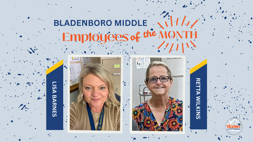 School graphic announcing “Employees of the Month” with two staff portraits centered on a gray background with navy accents and school branding. Each employees name and school are displayed alongside their photo.