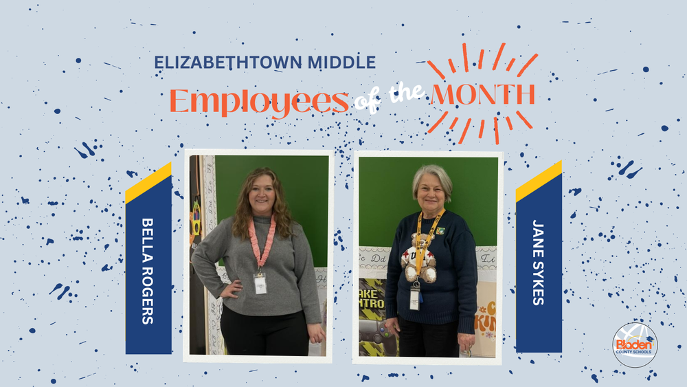 School graphic announcing “Employees of the Month” with two staff portraits centered on a gray background with navy accents and school branding. Each employees name and school are displayed alongside their photo.