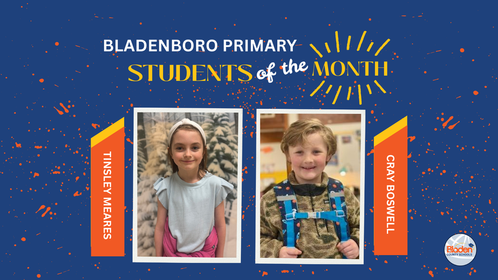 School graphic announcing “Students of the Month” with two student portraits centered on a blue background with orange accents and school branding. Each student’s name and school are displayed alongside their photo.