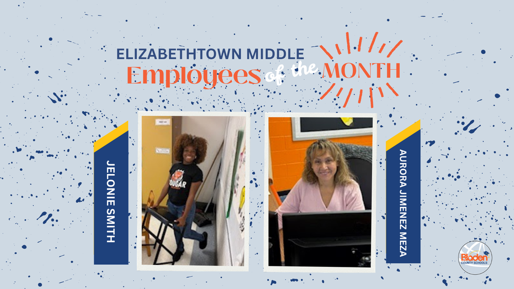 School graphic announcing “Employees of the Month” with two staff portraits centered on a gray background with navy accents and school branding. Each employees name and school are displayed alongside their photo.
