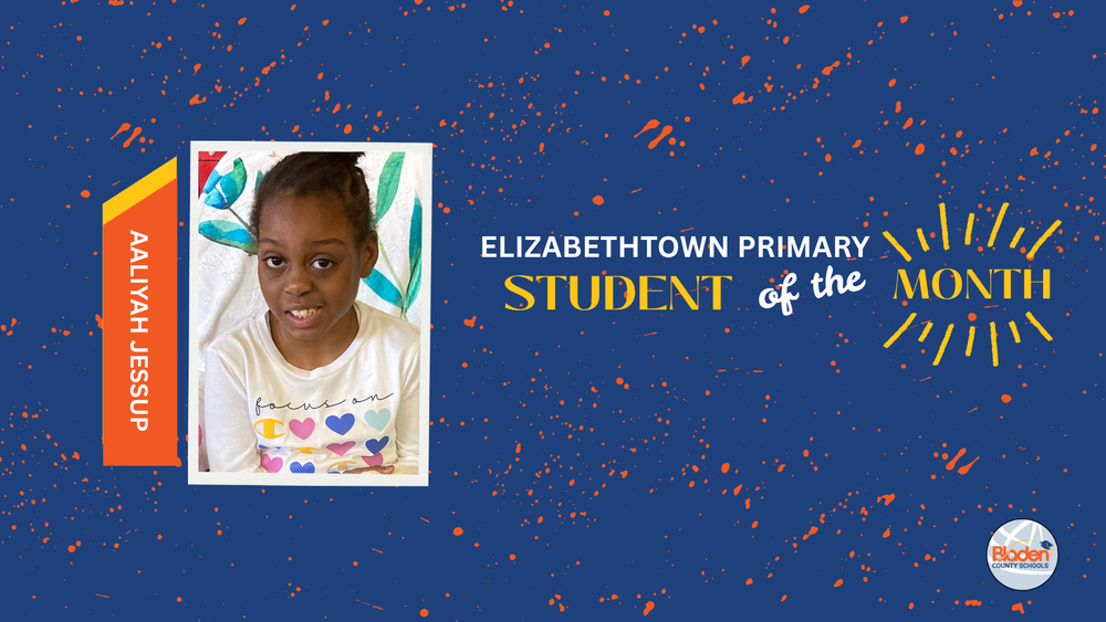 School graphic announcing “Students of the Month” with two student portraits centered on a blue background with orange accents and school branding. Each student’s name and school are displayed alongside their photo.