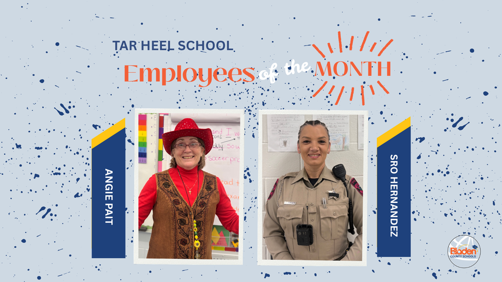 School graphic announcing “Employees of the Month” with two staff portraits centered on a gray background with navy accents and school branding. Each employees name and school are displayed alongside their photo.