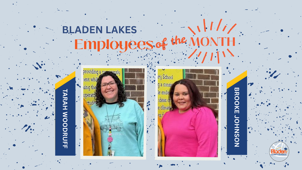 School graphic announcing “Employees of the Month” with two staff portraits centered on a gray background with navy accents and school branding. Each employees name and school are displayed alongside their photo.