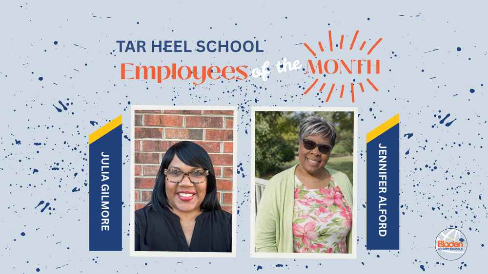 School graphic announcing “Employees of the Month” with two staff portraits centered on a gray background with navy accents and school branding. Each employees name and school are displayed alongside their photo.