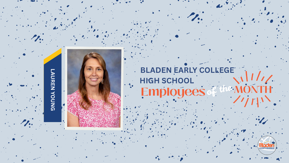 School graphic announcing “Employees of the Month” with two staff portraits centered on a gray background with navy accents and school branding. Each employees name and school are displayed alongside their photo.