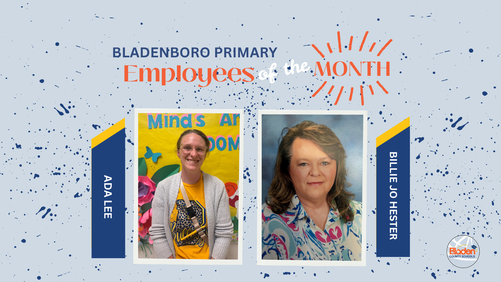 School graphic announcing “Employees of the Month” with two staff portraits centered on a gray background with navy accents and school branding. Each employees name and school are displayed alongside their photo.